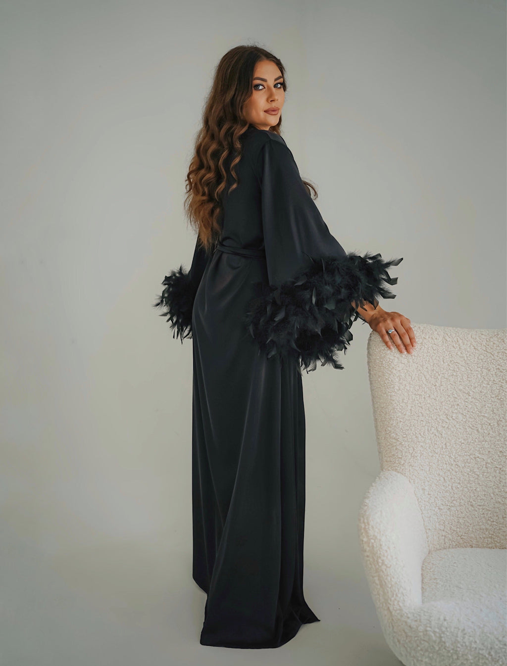 Black feather bridal robe back