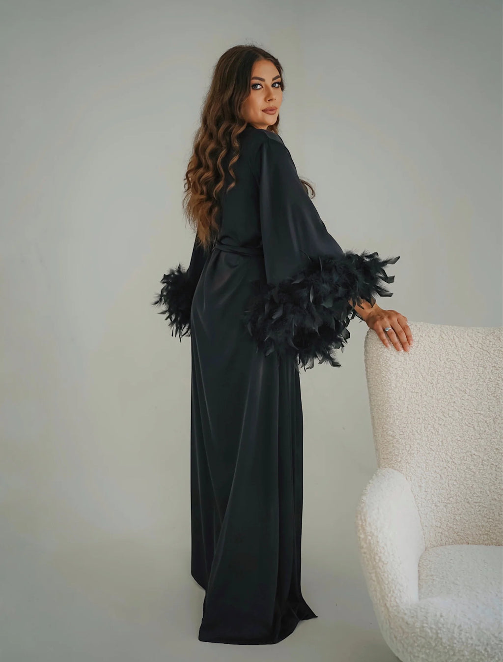 Black feather bridal robe back