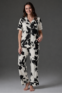 Abstract Print Satin Pajama Set BM-1762 — V-neck collar front view | Belle Bonjour UAE