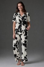 Abstract Print Satin Pajama Set BM-1762 — V-neck collar front view | Belle Bonjour UAE