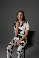 Abstract Print Satin Pajama Set BM-1762 · Black White Floral — seated view | Belle Bonjour UAE