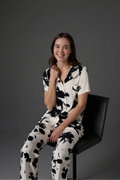 Abstract Print Satin Pajama Set BM-1762 · Black White Floral — seated view | Belle Bonjour UAE