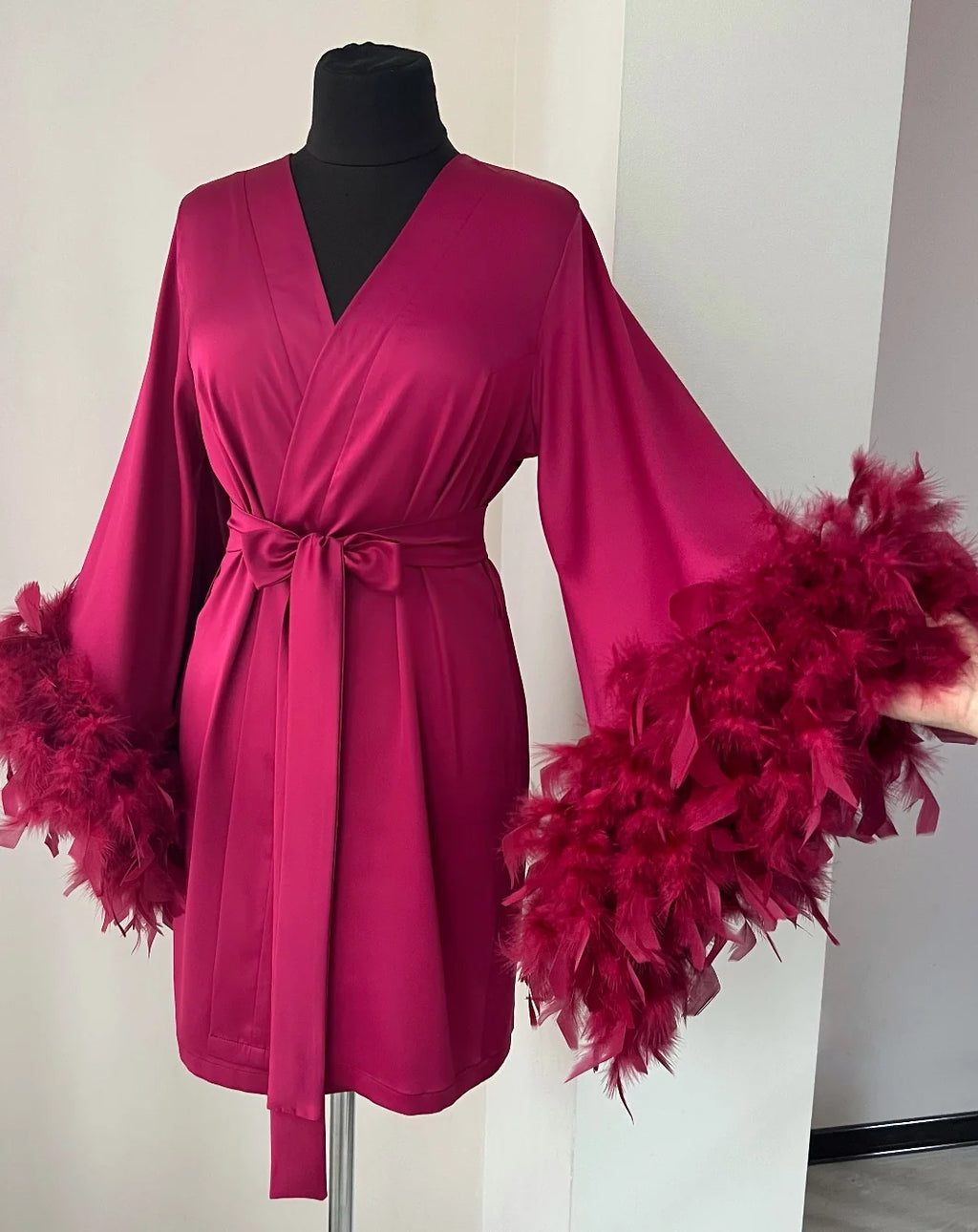 Burgundy feather bridal robe