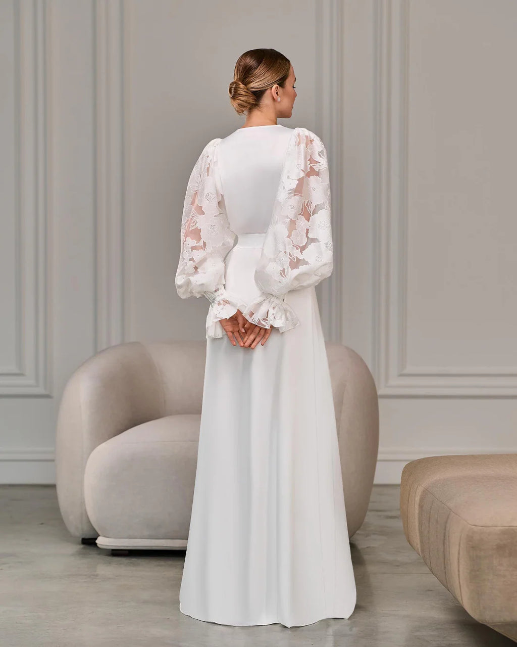 Ivory bridal robe with puff organza sleeves – Made to Order