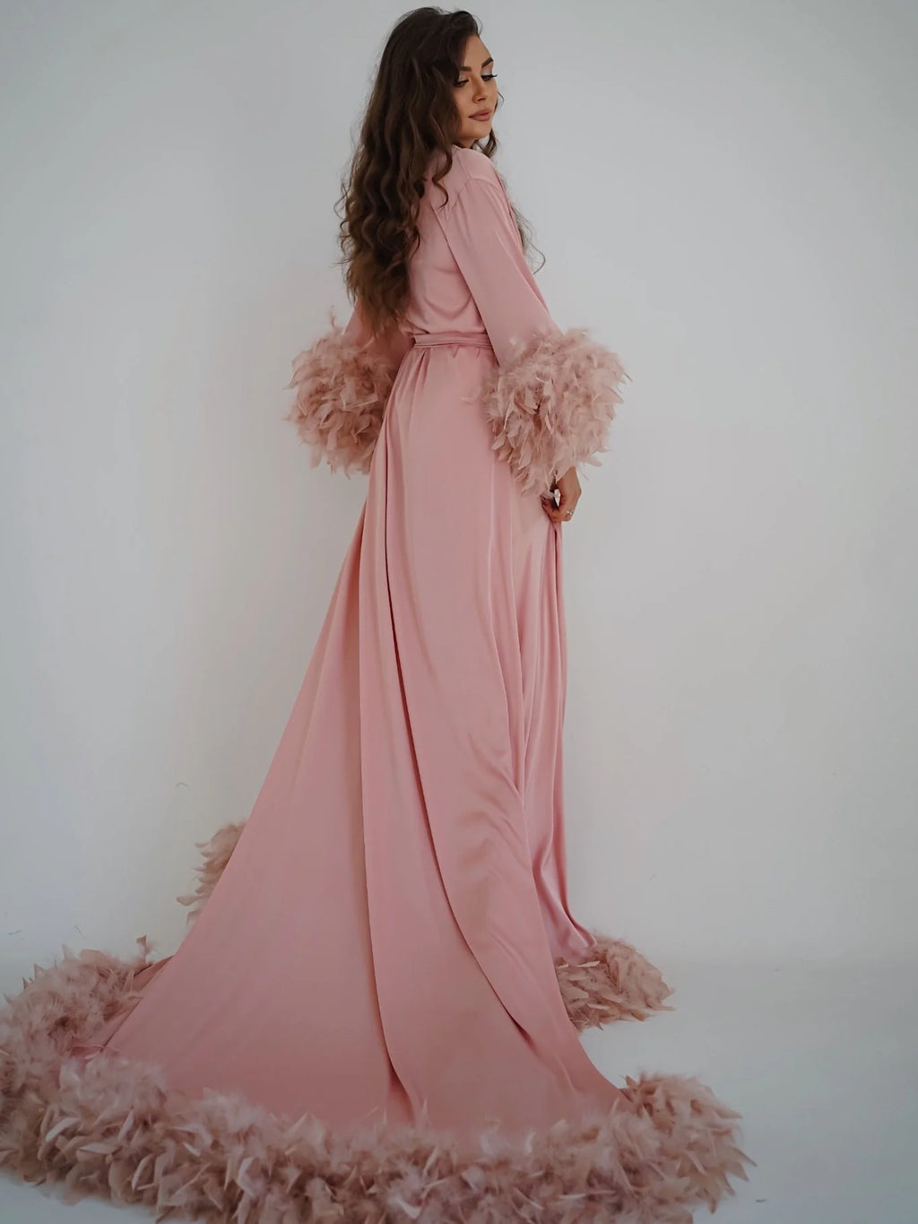 Pink feather robe with train | Double feathers on the sleeves – Made to Order