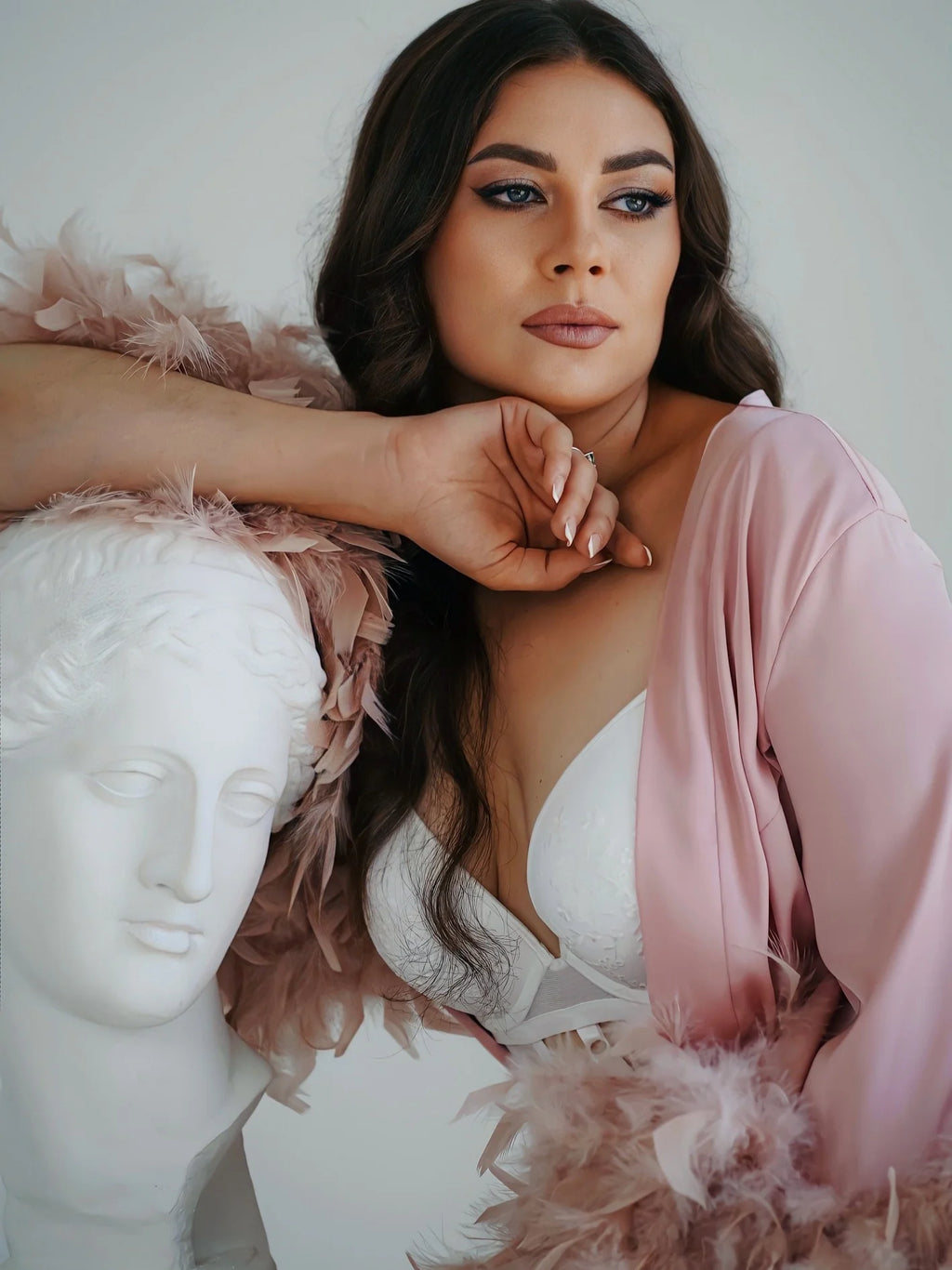 Pink feather robe with train | Double feathers on the sleeves – Made to Order