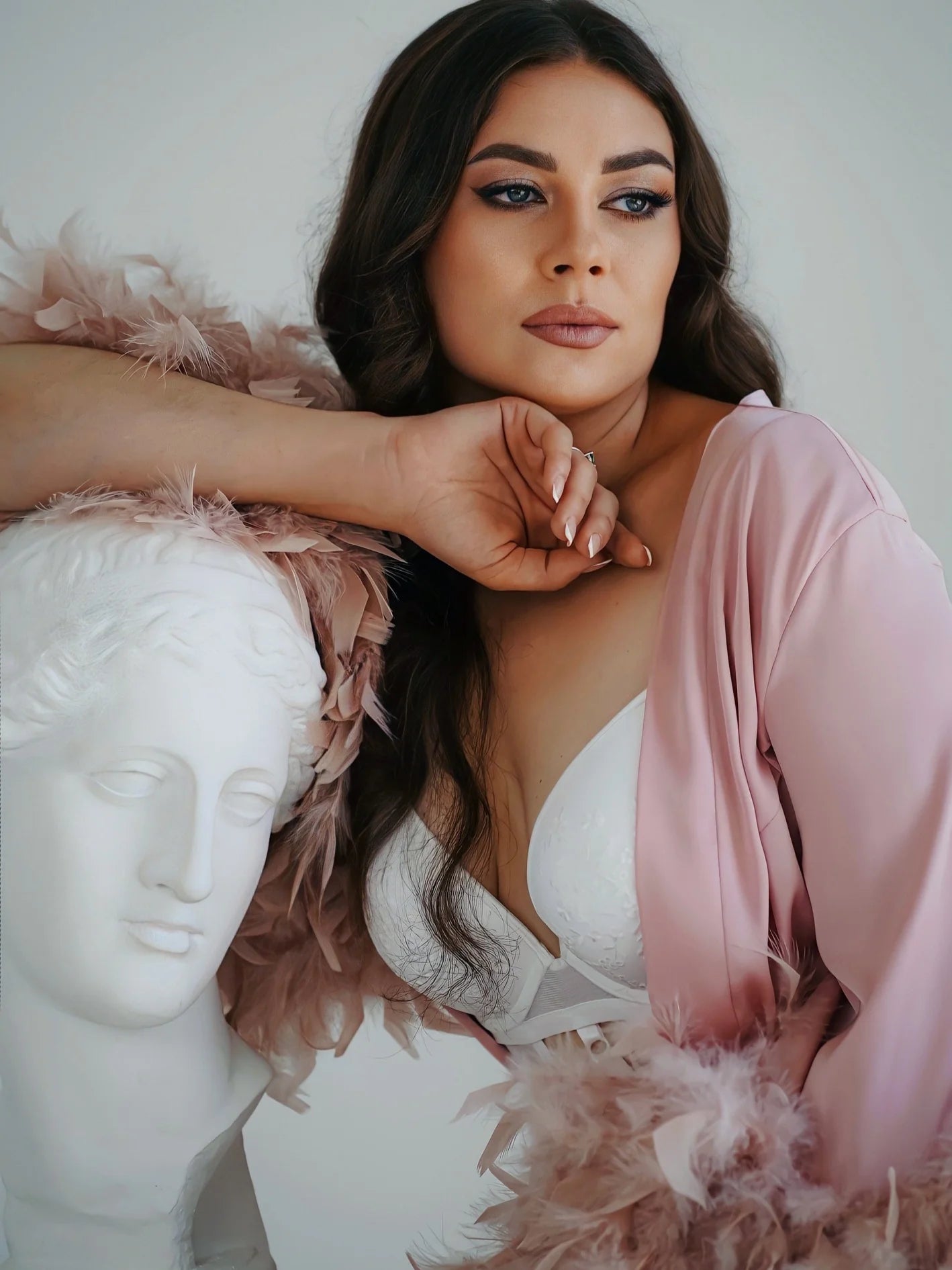 Pink feather robe with train | Double feathers on the sleeves – Made to Order