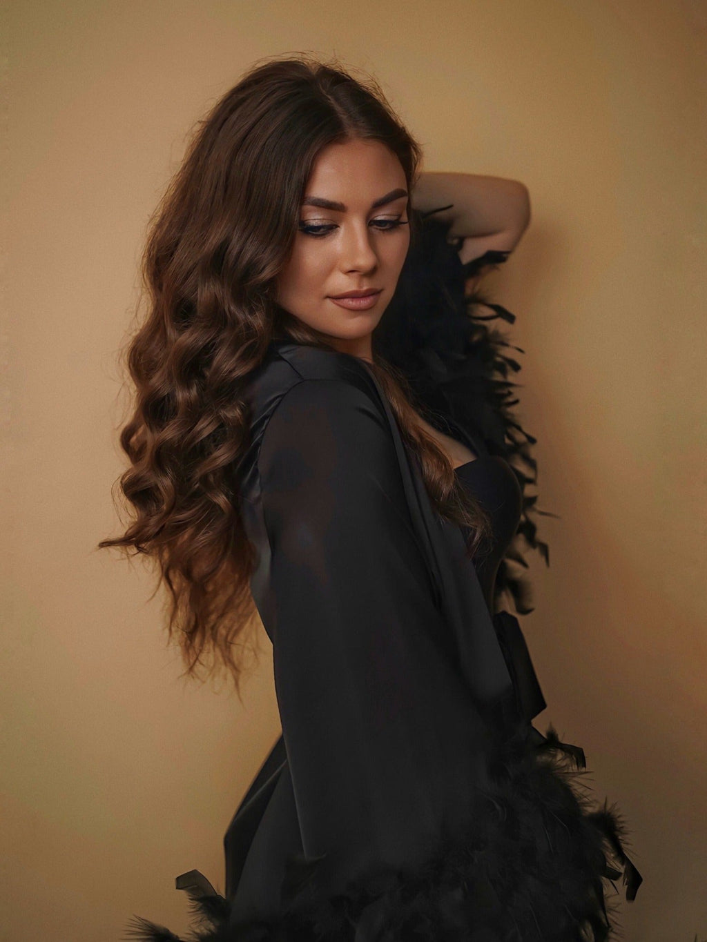 Black feather bridal robe styling
