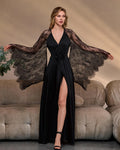 Black satin robe with lace sleeves