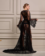 Black lace robe train detail