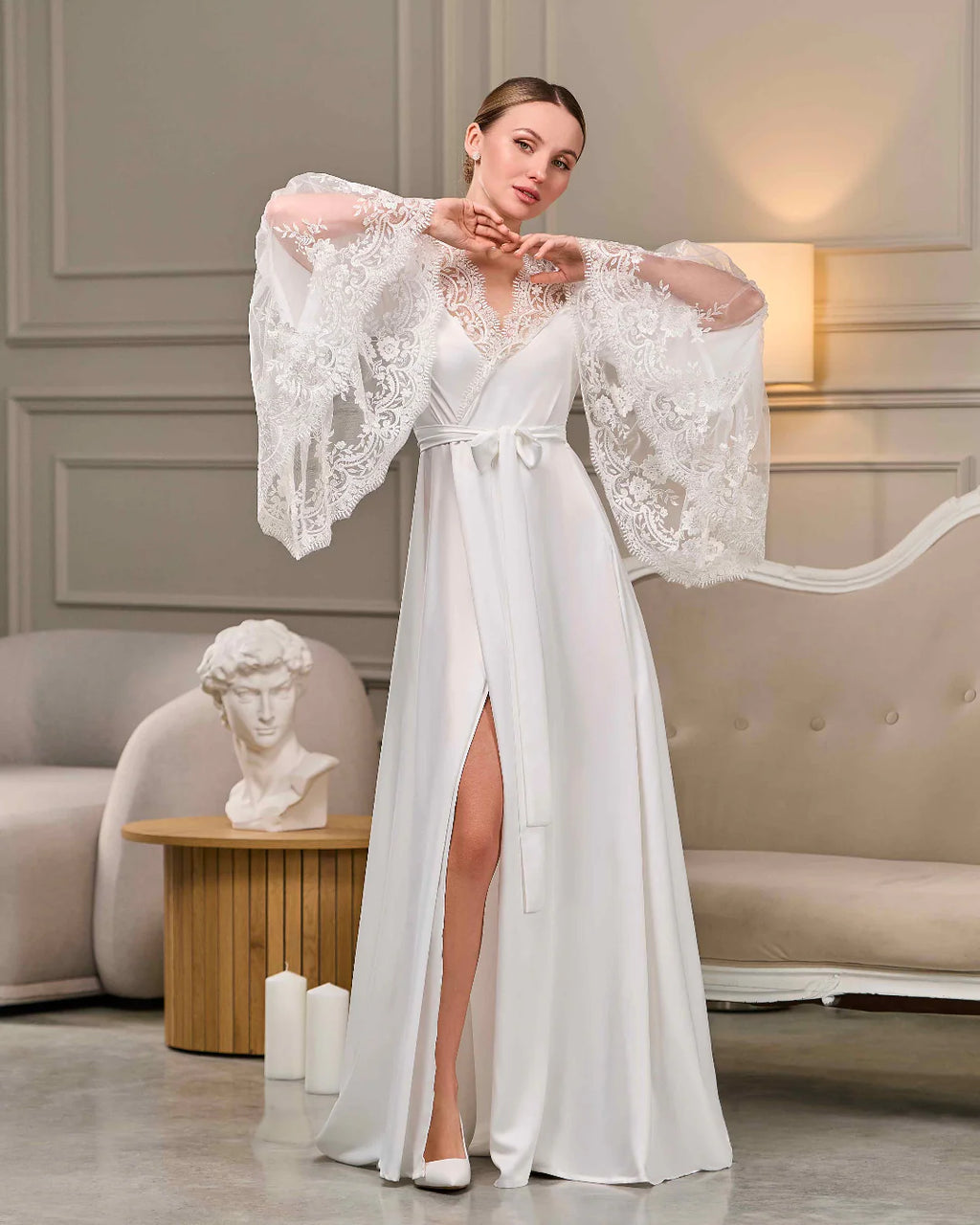 Luxury lace bridal robe with train – Made to Order