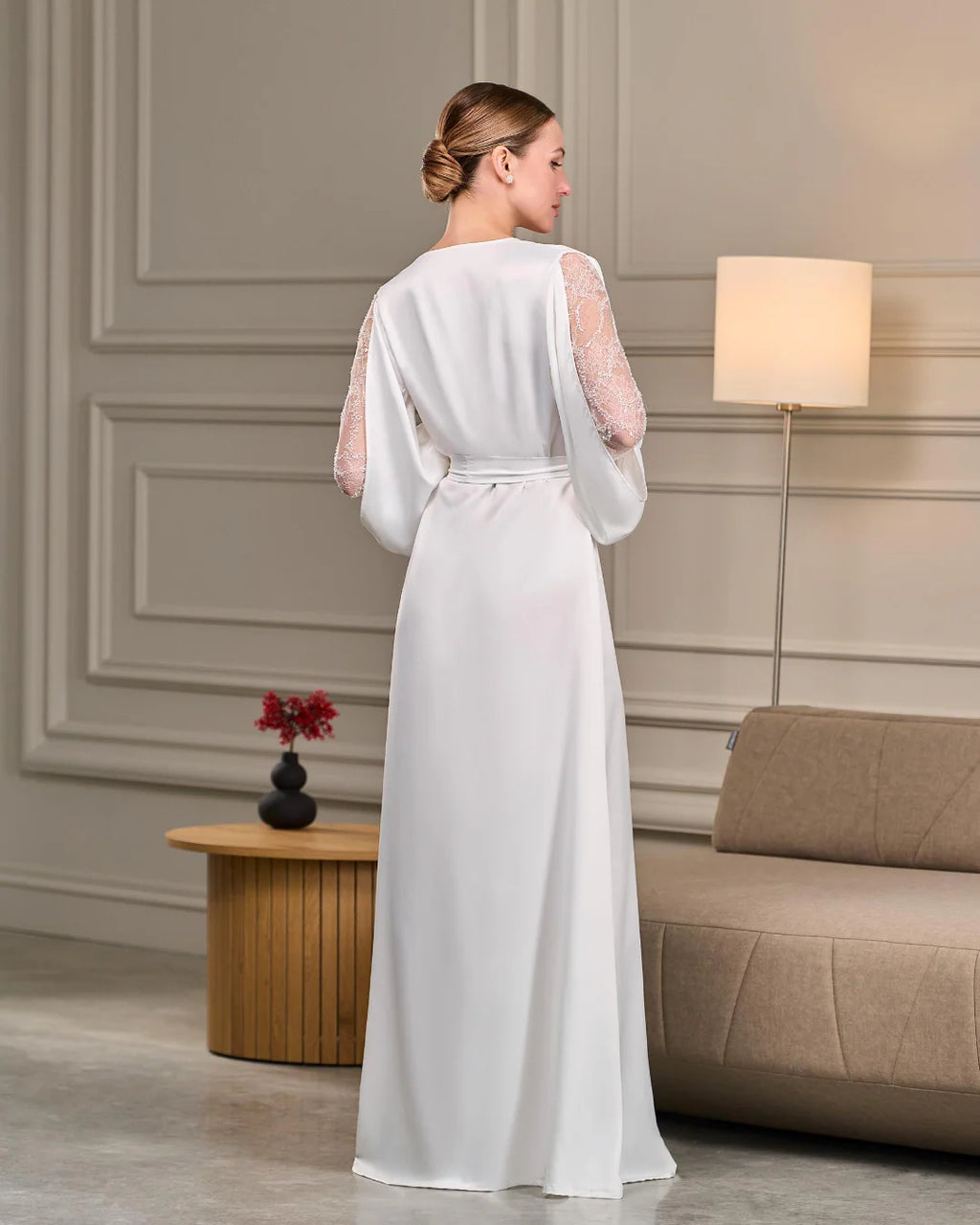 Elegant bridal robe with beaded sleeves Ivory – Made to Order