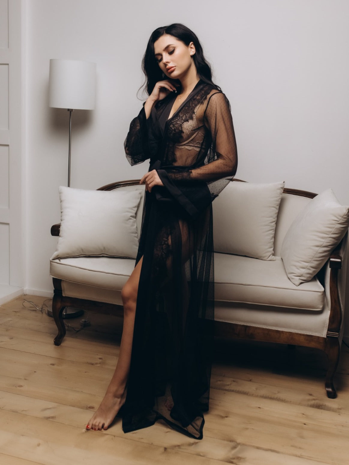Black sheer lace robe sleeve