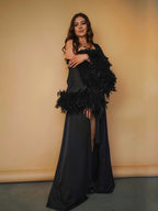 Black feather bridal robe detail