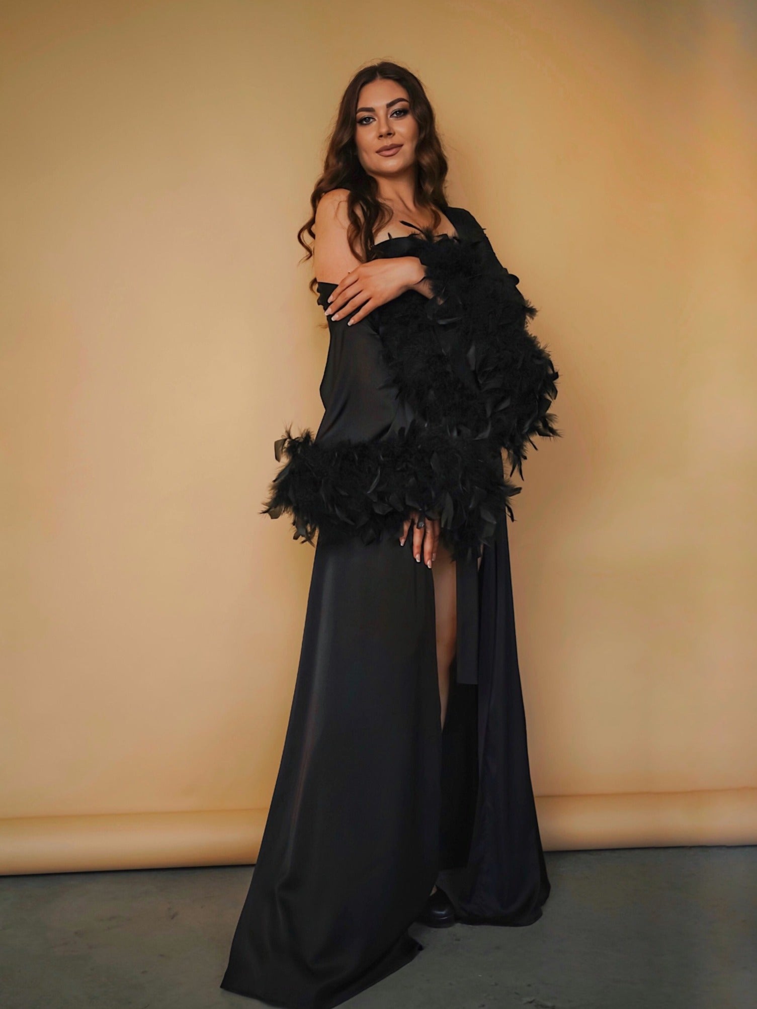 Black feather bridal robe detail