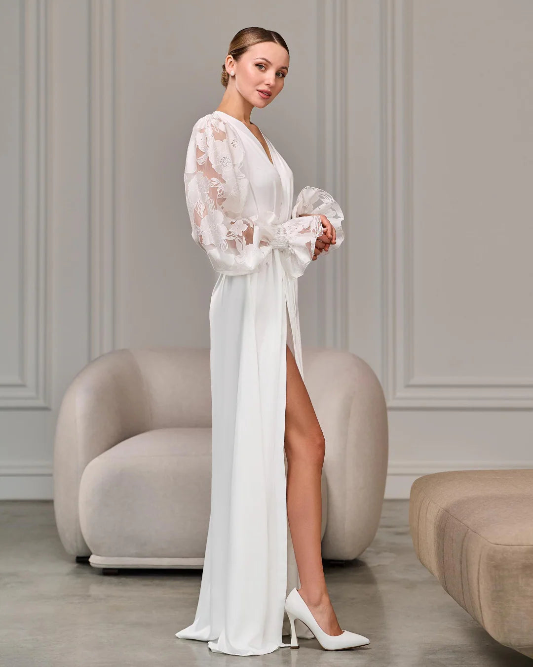 Ivory bridal robe with puff organza sleeves – Made to Order