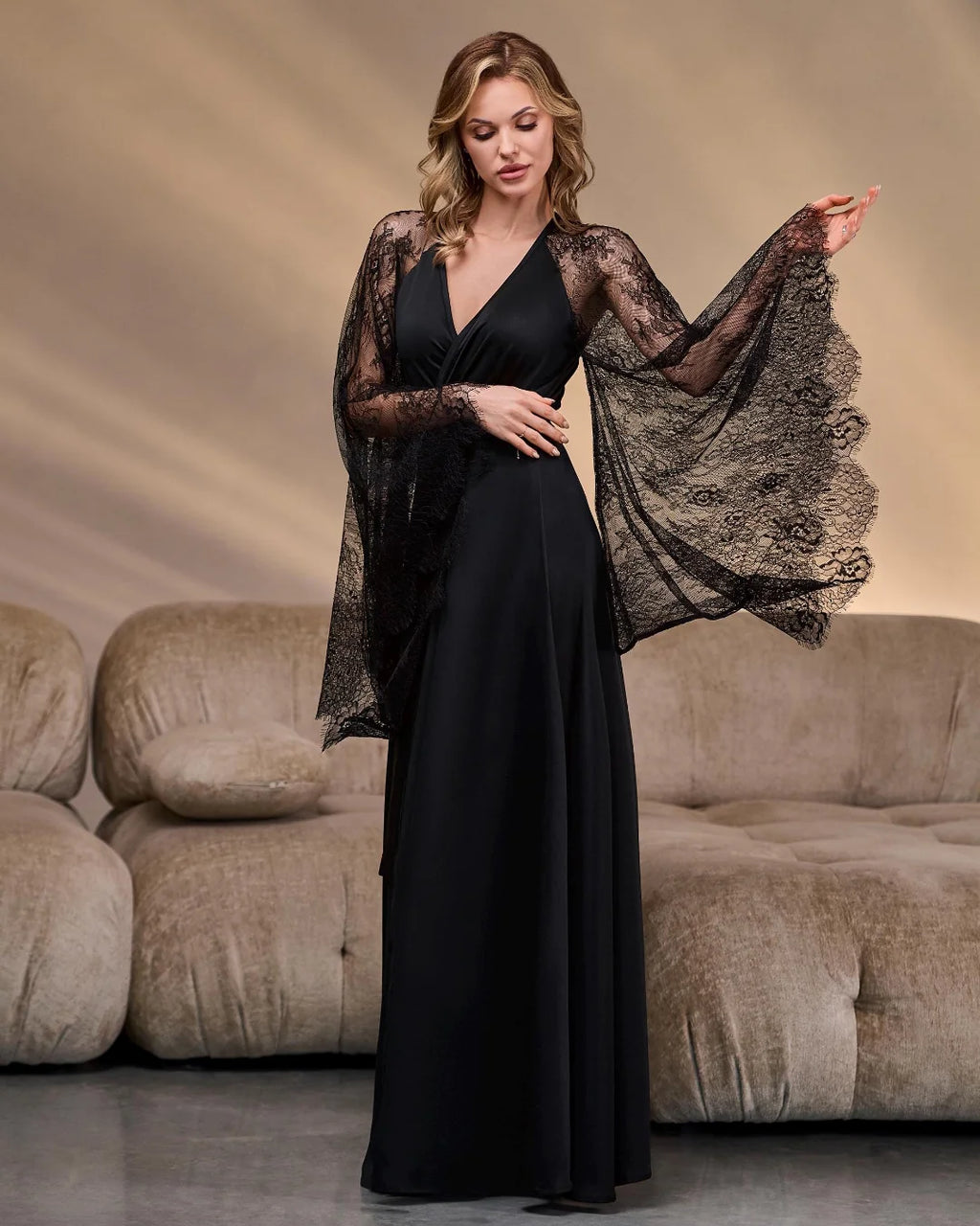 Black satin wrap robe lace