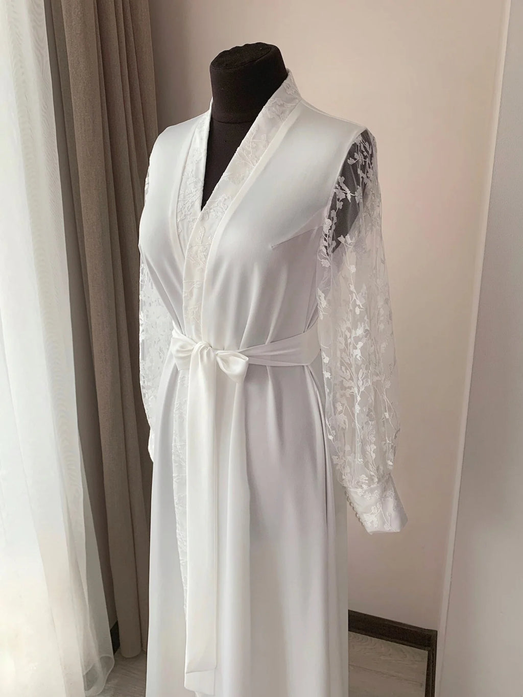 Bridal robe with lace pearls cuff Ivory Handmade – Made to Order