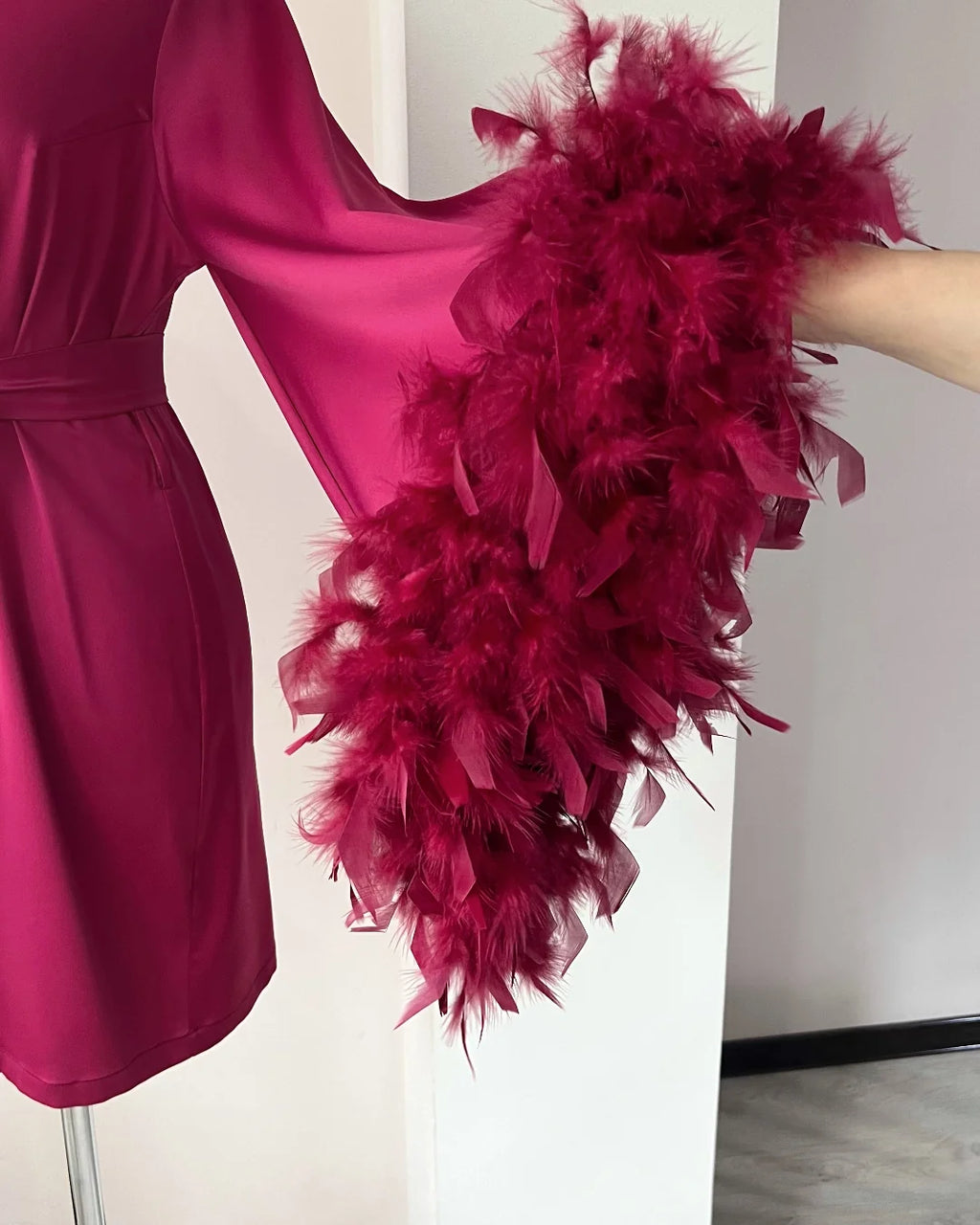 Burgundy feather bridal robe styling