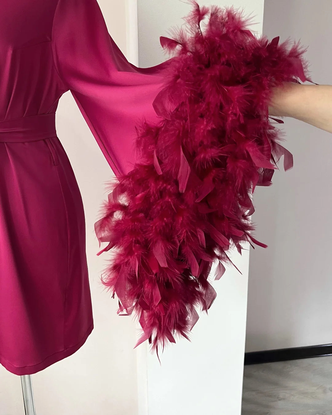 Burgundy feather bridal robe styling