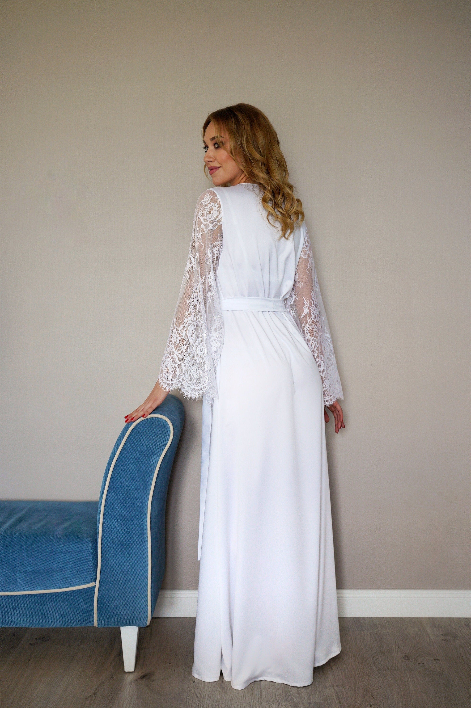 Ivory satin lace robe detail
