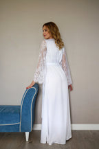 Ivory satin lace robe detail