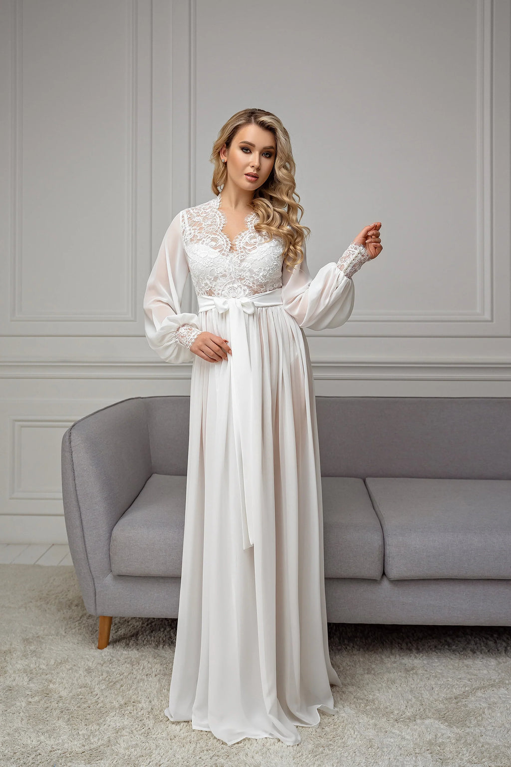 Maxi Bridal Robe in Ivory Chiffon with Lace – Made to Order