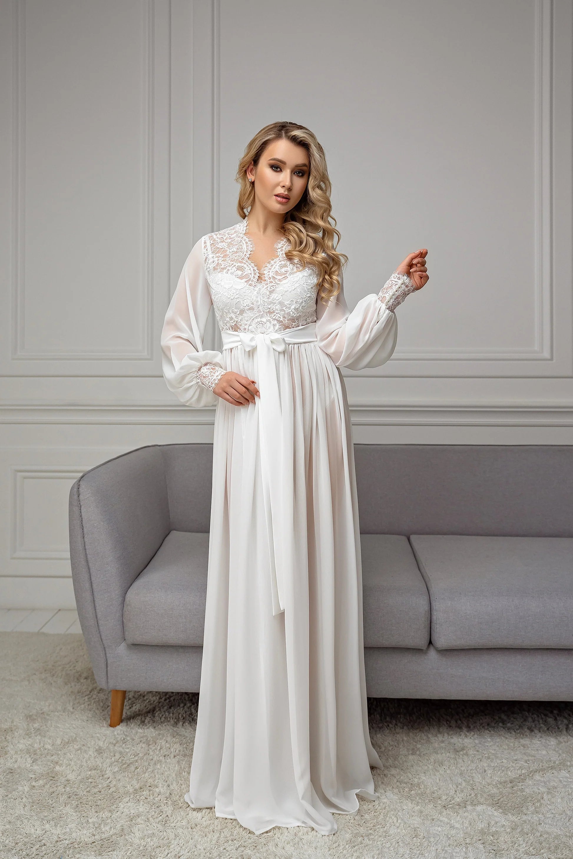 Maxi Bridal Robe in Ivory Chiffon with Lace – Made to Order