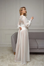 Maxi Bridal Robe in Ivory Chiffon with Lace – Made to Order