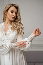 Ivory Chiffon Maxi Bridal Robe – Fabric and Lace Detail | Belle Bonjour UAE