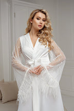 Ivory lace and feather bridal robe front